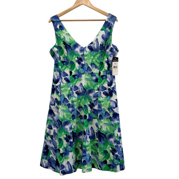 NWT Chaps Baja Blue Green Floral Print Sleeveless A-Line Dress Sz 16 Travel Boss - Picture 2 of 8